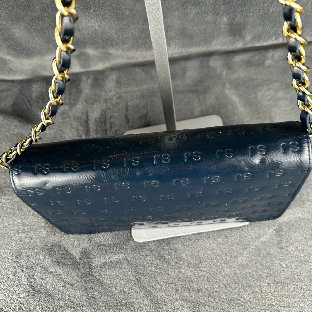 St. John Navy Blue Patent Leather Embossed SJ Monogram Chain Shoulder Bag